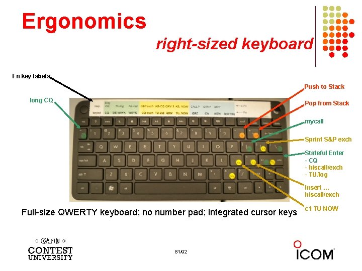 Ergonomics right-sized keyboard Fn key labels Push to Stack long CQ Pop from Stack