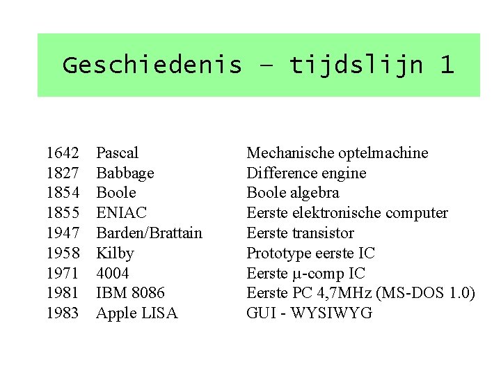 Geschiedenis – tijdslijn 1 1642 1827 1854 1855 1947 1958 1971 1983 Pascal Babbage