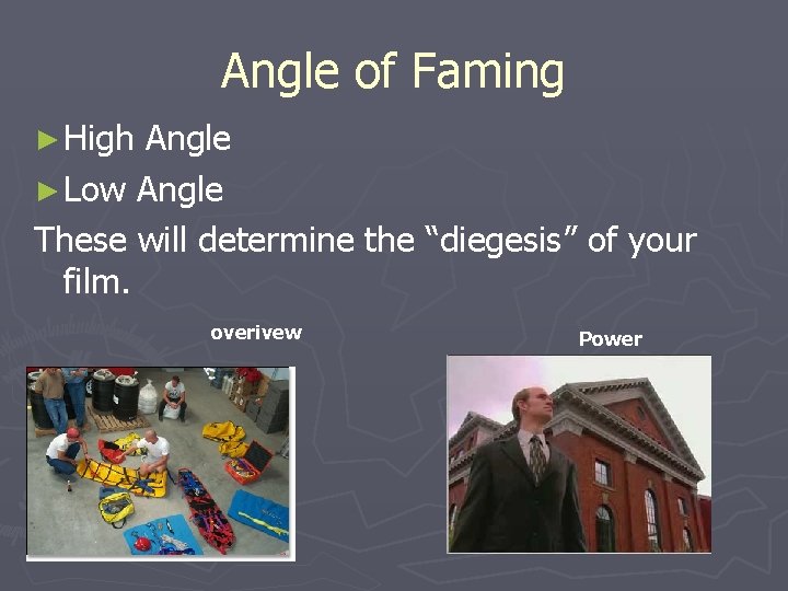 Angle of Faming ► High Angle ► Low Angle These will determine the “diegesis”