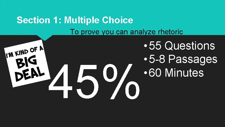 Section 1: Multiple Choice To prove you can analyze rhetoric 45% • 55 Questions