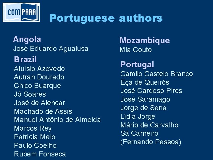 Portuguese authors Angola José Eduardo Agualusa Brazil Aluísio Azevedo Autran Dourado Chico Buarque Jô