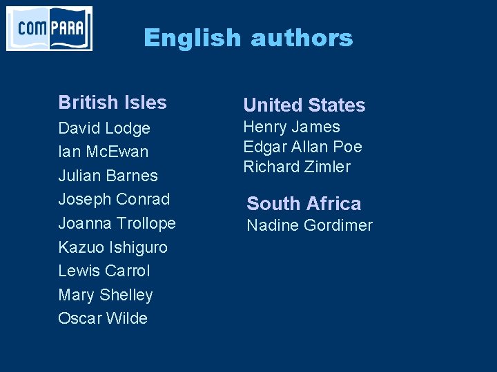 English authors British Isles United States David Lodge Ian Mc. Ewan Julian Barnes Joseph