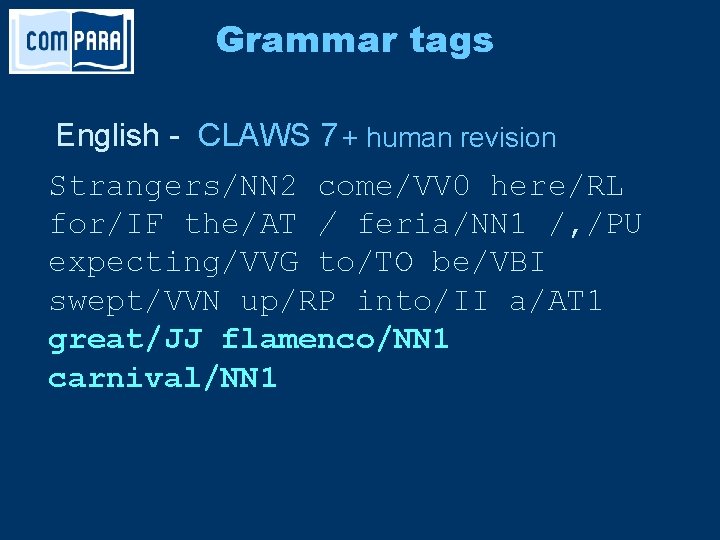 Grammar tags English - CLAWS 7 + human revision Strangers/NN 2 come/VV 0 here/RL