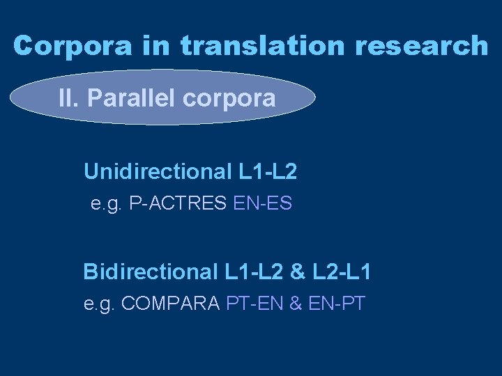 Corpora in translation research II. Parallel corpora Unidirectional L 1 -L 2 e. g.
