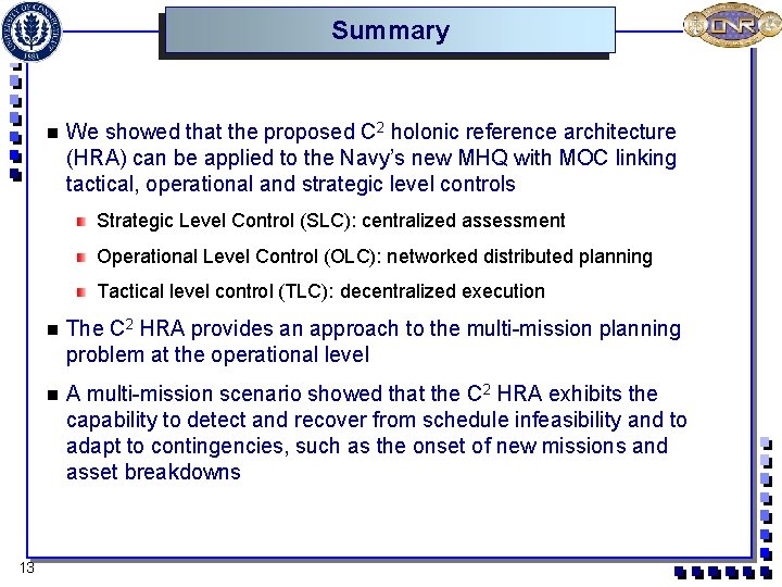 Summary n We showed that the proposed C 2 holonic reference architecture (HRA) can