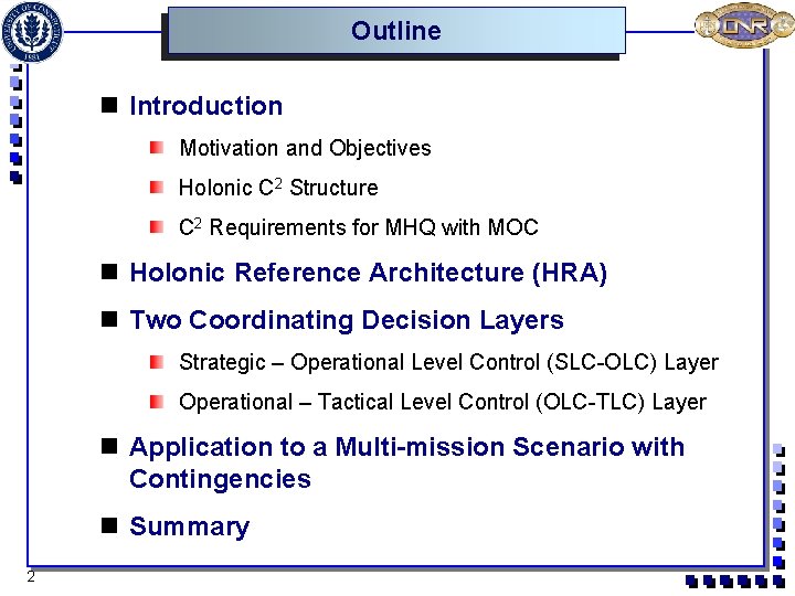 Outline n Introduction Motivation and Objectives Holonic C 2 Structure C 2 Requirements for