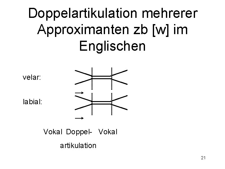 Doppelartikulation mehrerer Approximanten zb [w] im Englischen velar: labial: Vokal Doppel- Vokal artikulation 21