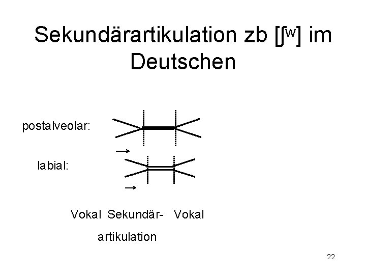 Sekundärartikulation zb [ʃʷ] im Deutschen postalveolar: labial: Vokal Sekundär- Vokal artikulation 22 