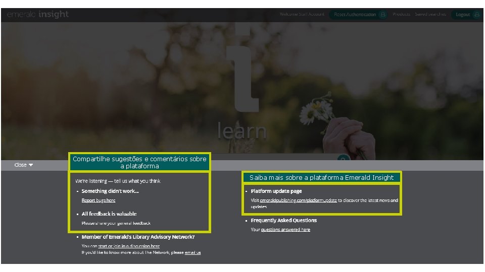 Compartilhe sugestões e comentários sobre a plataforma Saiba mais sobre a plataforma Emerald Insight