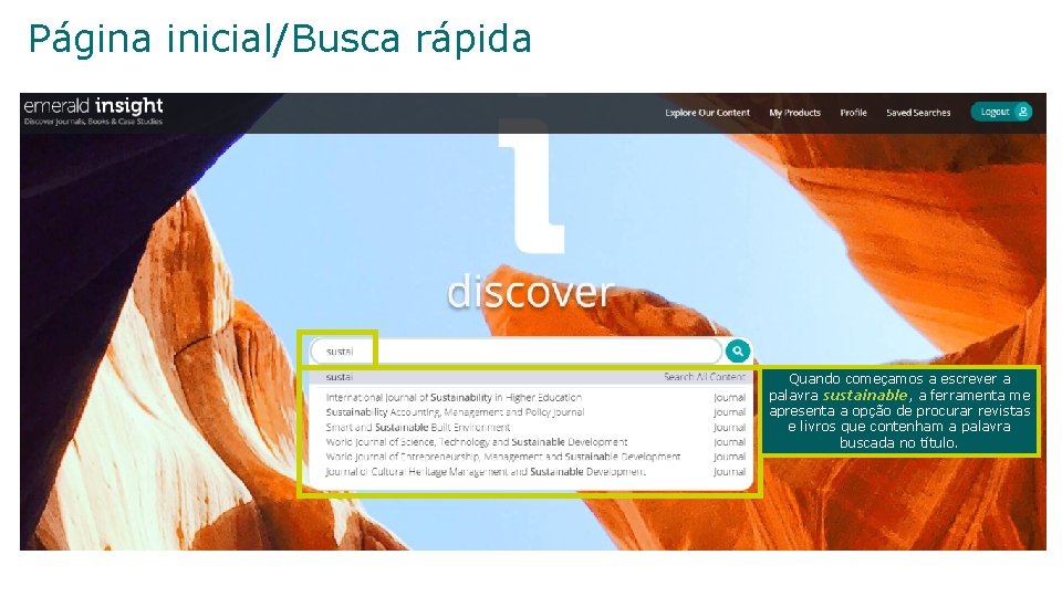Página inicial/Busca rápida Quando começamos a escrever a palavra sustainable, a ferramenta me apresenta