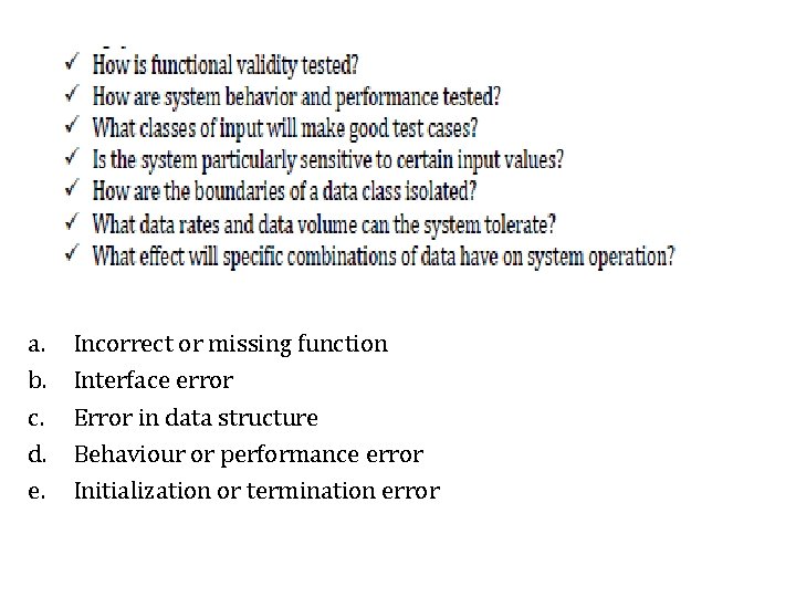 a. b. c. d. e. Incorrect or missing function Interface error Error in data