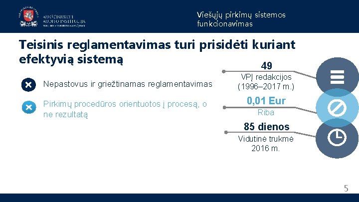 Viešųjų pirkimų sistemos funkcionavimas Teisinis reglamentavimas turi prisidėti kuriant efektyvią sistemą 49 Nepastovus ir