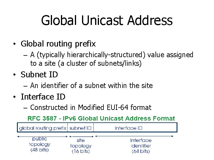 Global Unicast Address • Global routing prefix – A (typically hierarchically-structured) value assigned to