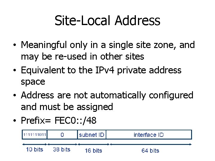 Site-Local Address • Meaningful only in a single site zone, and may be re-used