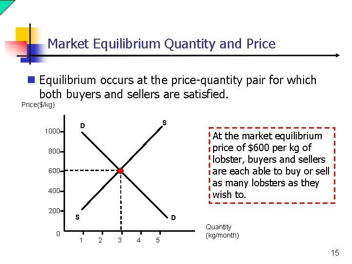 Market Equilibrium Quantity and Price n Equilibrium occurs at the price-quantity pair for which