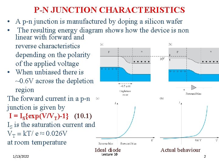 P-N JUNCTION CHARACTERISTICS • A p-n junction is manufactured by doping a silicon wafer P-N JUNCTION CHARACTERISTICS • A p-n junction is manufactured by doping a silicon wafer