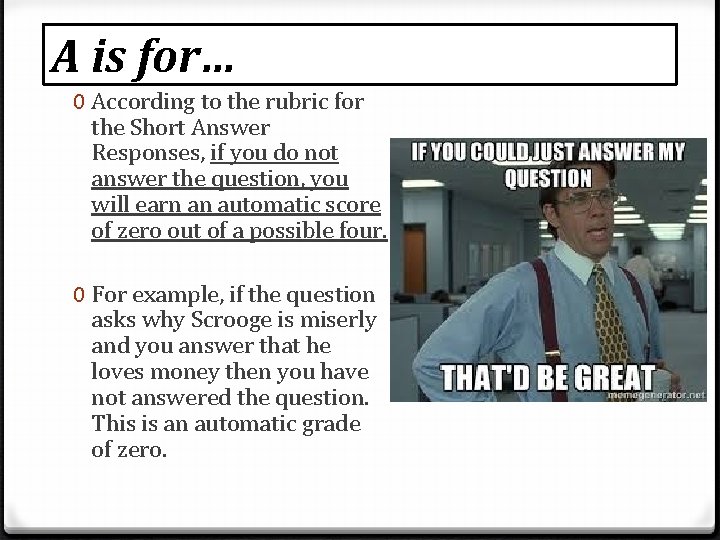 A is for… 0 According to the rubric for the Short Answer Responses, if