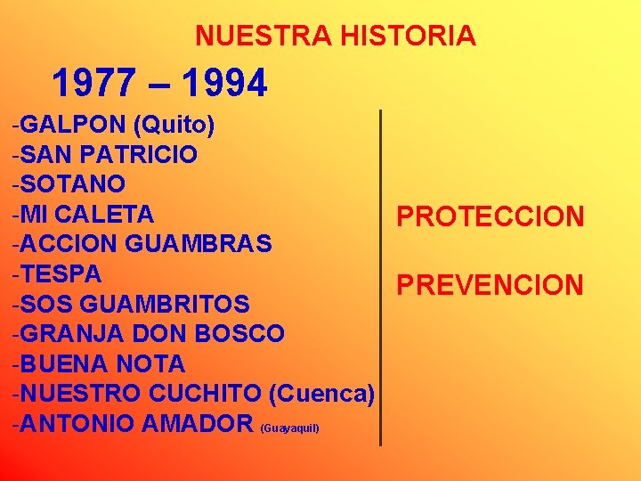 NUESTRA HISTORIA 1977 – 1994 -GALPON (Quito) -SAN PATRICIO -SOTANO -MI CALETA PROTECCION -ACCION