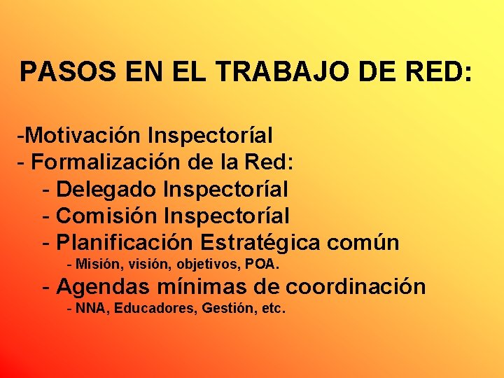 PASOS EN EL TRABAJO DE RED: -Motivación Inspectoríal - Formalización de la Red: -