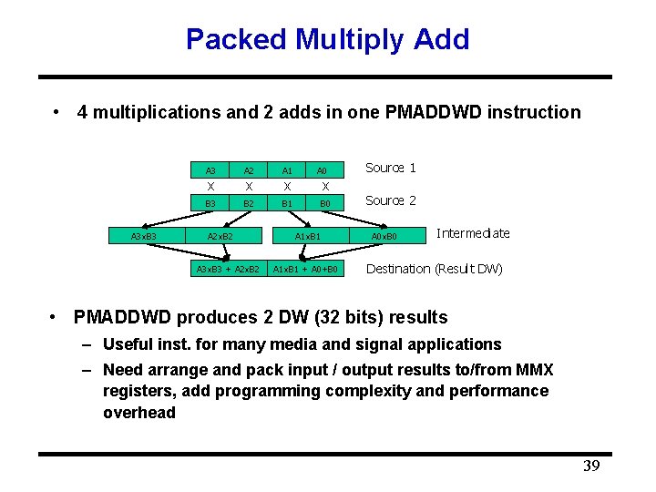 Packed Multiply Add • 4 multiplications and 2 adds in one PMADDWD instruction A