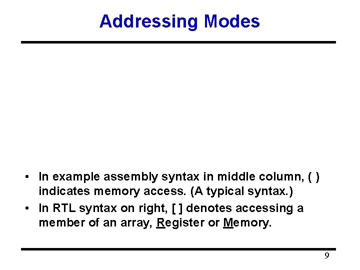 Addressing Modes • In example assembly syntax in middle column, ( ) indicates memory