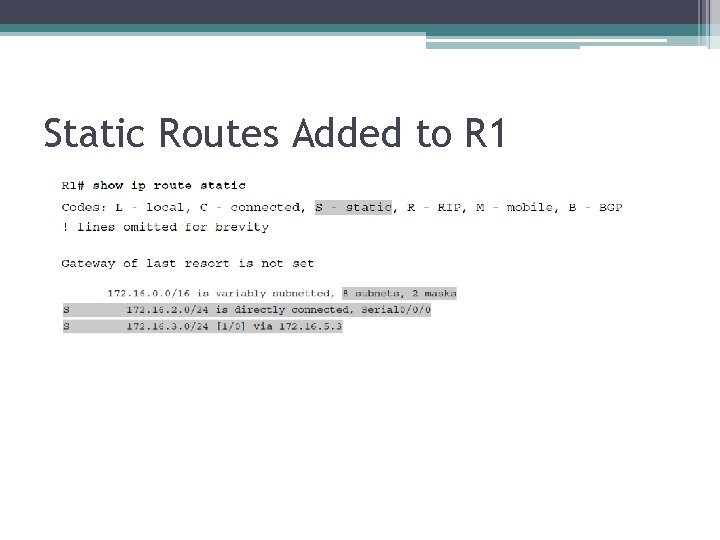 Static Routes Added to R 1 