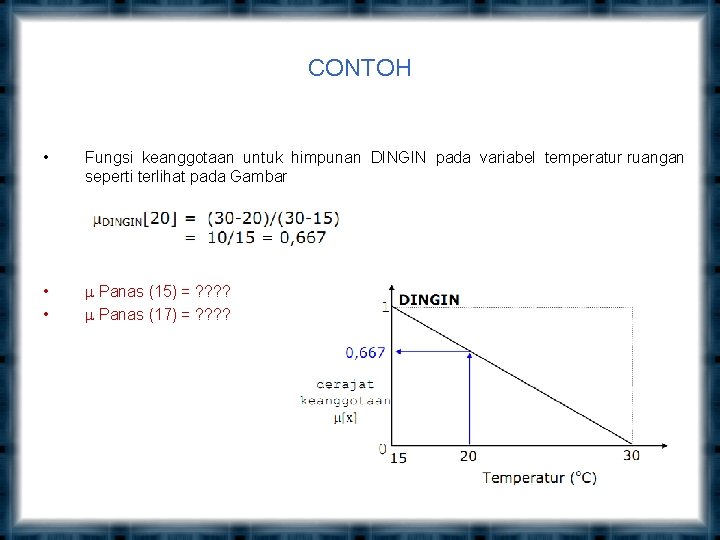 CONTOH • Fungsi keanggotaan untuk himpunan DINGIN pada variabel temperatur ruangan seperti terlihat pada