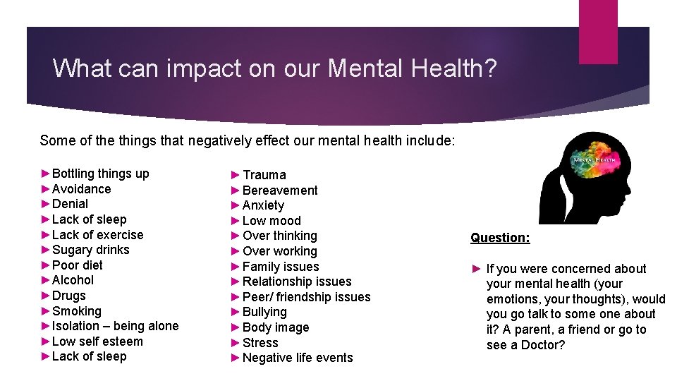 What can impact on our Mental Health? Some of the things that negatively effect