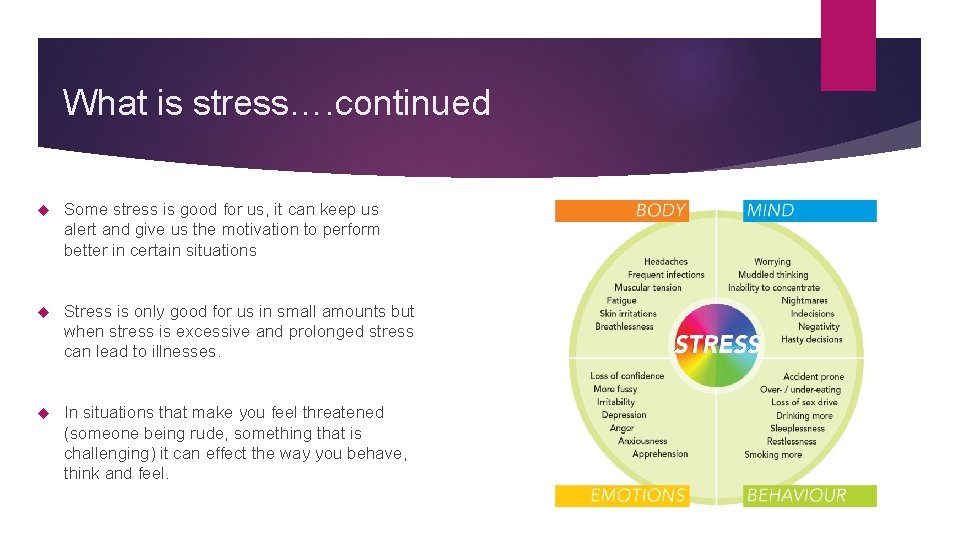 What is stress…. continued Some stress is good for us, it can keep us