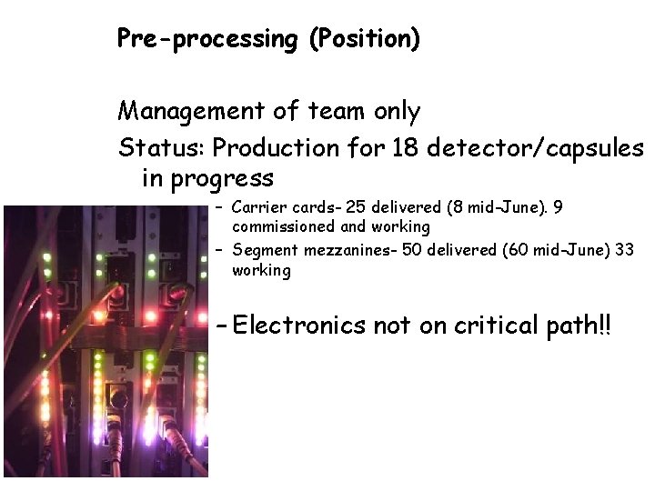 Pre-processing (Position) Management of team only Status: Production for 18 detector/capsules in progress –