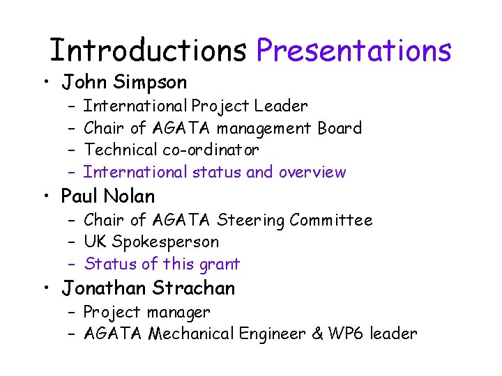 Introductions Presentations • John Simpson – – International Project Leader Chair of AGATA management