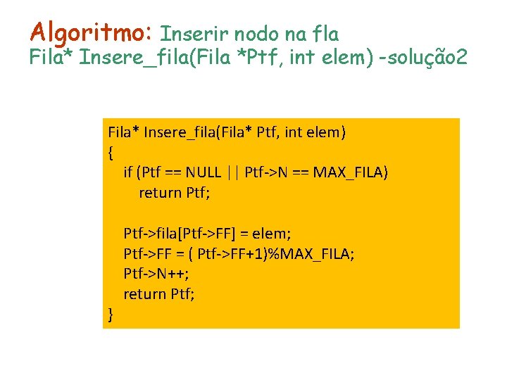 Algoritmo: Inserir nodo na fla Fila* Insere_fila(Fila *Ptf, int elem) -solução 2 Fila* Insere_fila(Fila*