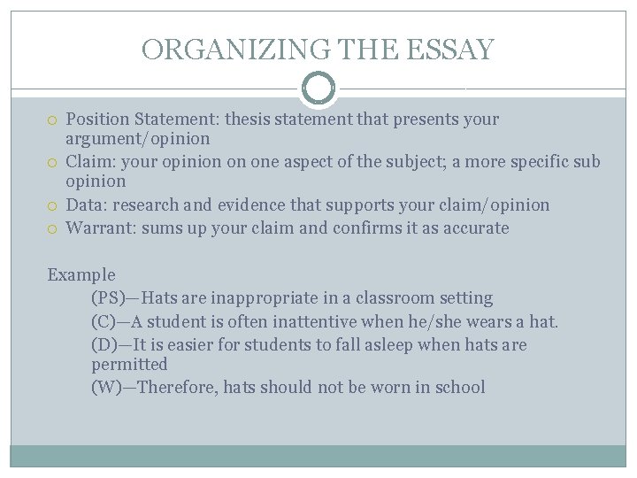 ORGANIZING THE ESSAY Position Statement: thesis statement that presents your argument/opinion Claim: your opinion