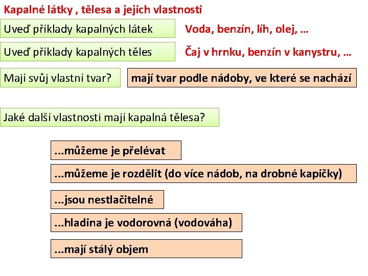 Kapalné látky , tělesa a jejich vlastnosti Uveď příklady kapalných látek Voda, benzín, líh,