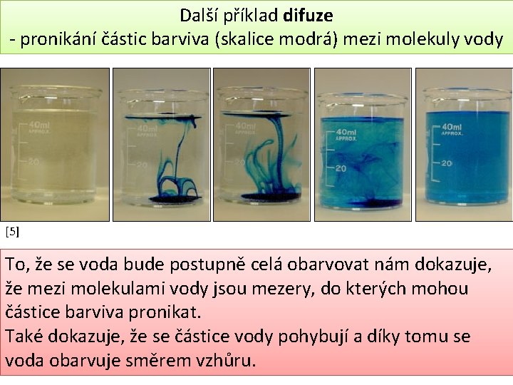 Další příklad difuze - pronikání částic barviva (skalice modrá) mezi molekuly vody [5] To,