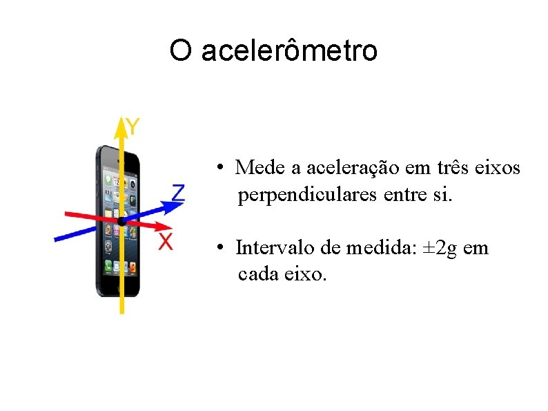 O acelerômetro • Mede a aceleração em três eixos perpendiculares entre si. • Intervalo