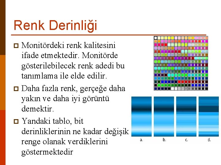 Renk Derinliği Monitördeki renk kalitesini ifade etmektedir. Monitörde gösterilebilecek renk adedi bu tanımlama ile