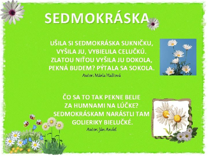 SEDMOKRÁSKA UŠILA SI SEDMOKRÁSKA SUKNIČKU, VYŠILA JU, VYBIELILA CELUČKÚ. ZLATOU NIŤOU VYŠILA JU DOKOLA,