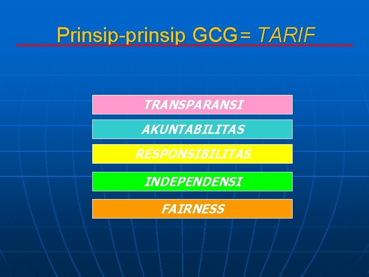 Prinsip-prinsip GCG= TARIF TRANSPARANSI AKUNTABILITAS RESPONSIBILITAS INDEPENDENSI FAIRNESS 