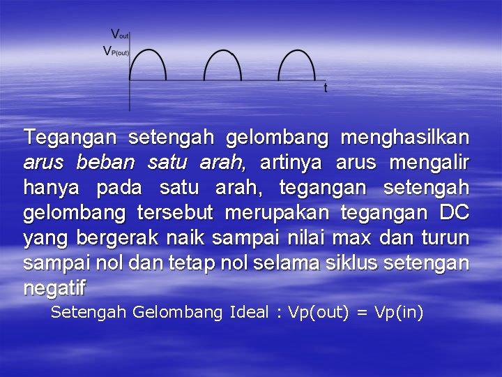 Tegangan setengah gelombang menghasilkan arus beban satu arah, artinya arus mengalir hanya pada satu