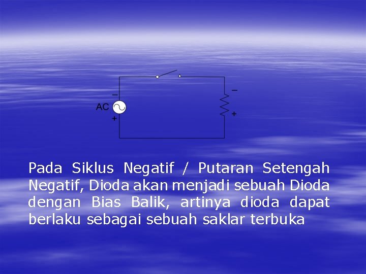 Pada Siklus Negatif / Putaran Setengah Negatif, Dioda akan menjadi sebuah Dioda dengan Bias