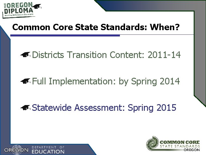 Common Core State Standards: When? Districts Transition Content: 2011 -14 Full Implementation: by Spring