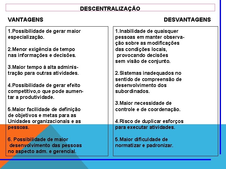 DESCENTRALIZAÇÃO VANTAGENS 1. Possibilidade de gerar maior especialização. 2. Menor exigência de tempo nas