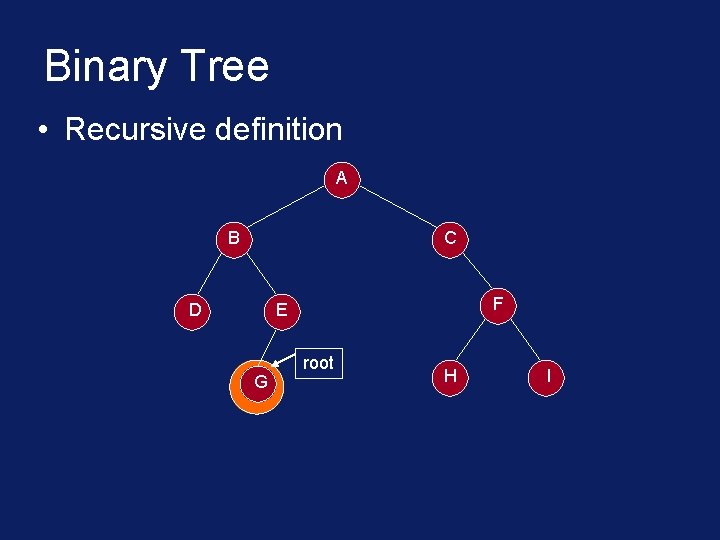 Binary Tree • Recursive definition A B C D F E G root H