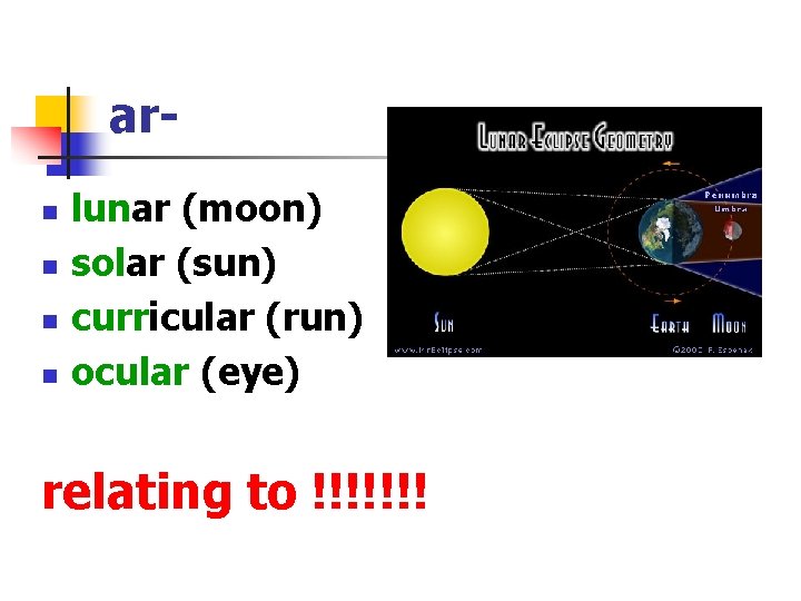 arn n lunar (moon) solar (sun) curricular (run) ocular (eye) relating to !!!!!!! 