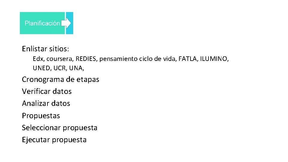 Enlistar sitios: Edx, coursera, REDIES, pensamiento ciclo de vida, FATLA, ILUMINO, UNED, UCR, UNA,