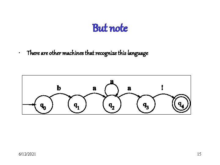 But note • There are other machines that recognize this language 6/12/2021 15 But note • There are other machines that recognize this language 6/12/2021 15