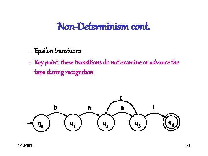Non-Determinism cont. – Epsilon transitions – Key point: these transitions do not examine or Non-Determinism cont. – Epsilon transitions – Key point: these transitions do not examine or