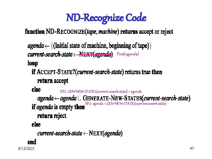 ND-Recognize Code First(agenda) DFS: GEN-NEW-STATES(current-search-state) + agenda BFS: agenda + GEN-NEW-STATES(current-search-state) 6/12/2021 47 ND-Recognize Code First(agenda) DFS: GEN-NEW-STATES(current-search-state) + agenda BFS: agenda + GEN-NEW-STATES(current-search-state) 6/12/2021 47
