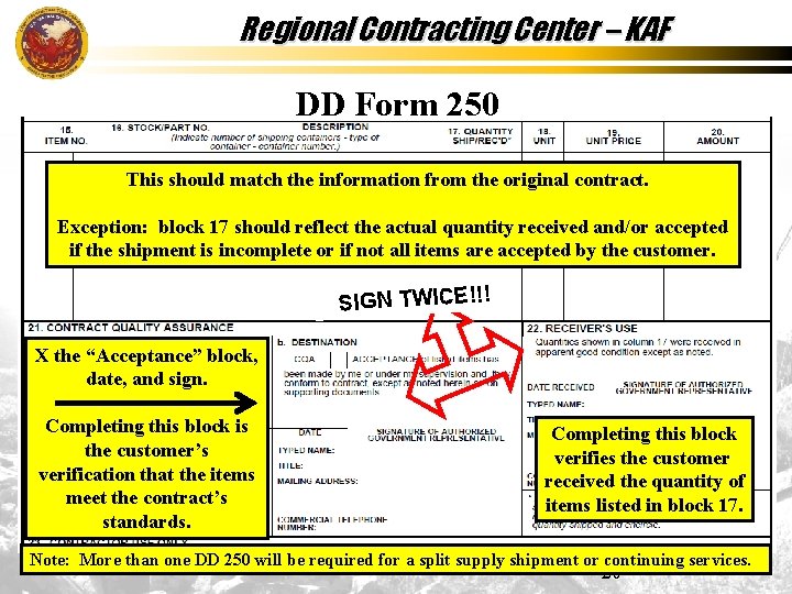 Regional Contracting Center – KAF DD Form 250 This should match the information from